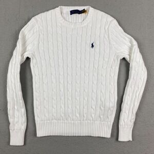Polo Ralph Lauren Womens Cable Knit crew neck Sweater White S Preppy pony